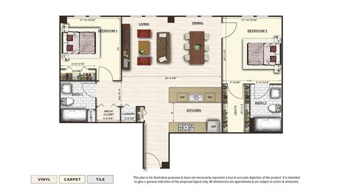 Floor plan for 2 beds, 2 baths, 1054 sqft